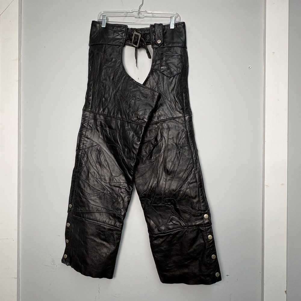 Diamond Plate Buffalo Leather Patchwork Motorcycle Chaps Mens Medium Black Biker